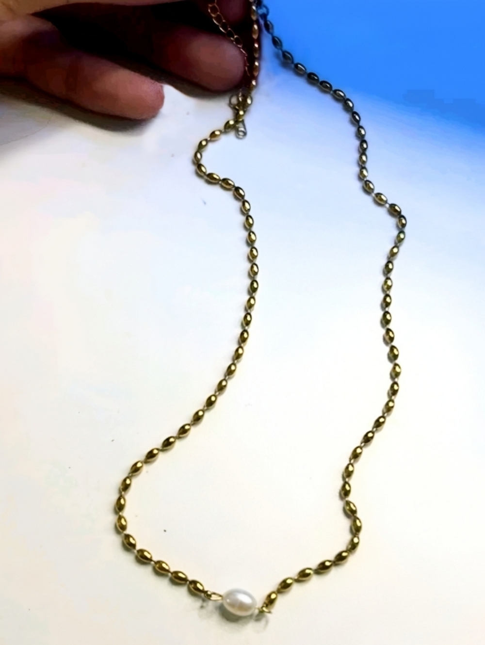 18k gp bean necklace with real freshwater pearl; 15.75" w/a 1.97" extender; nwot - Picture 7 of 10